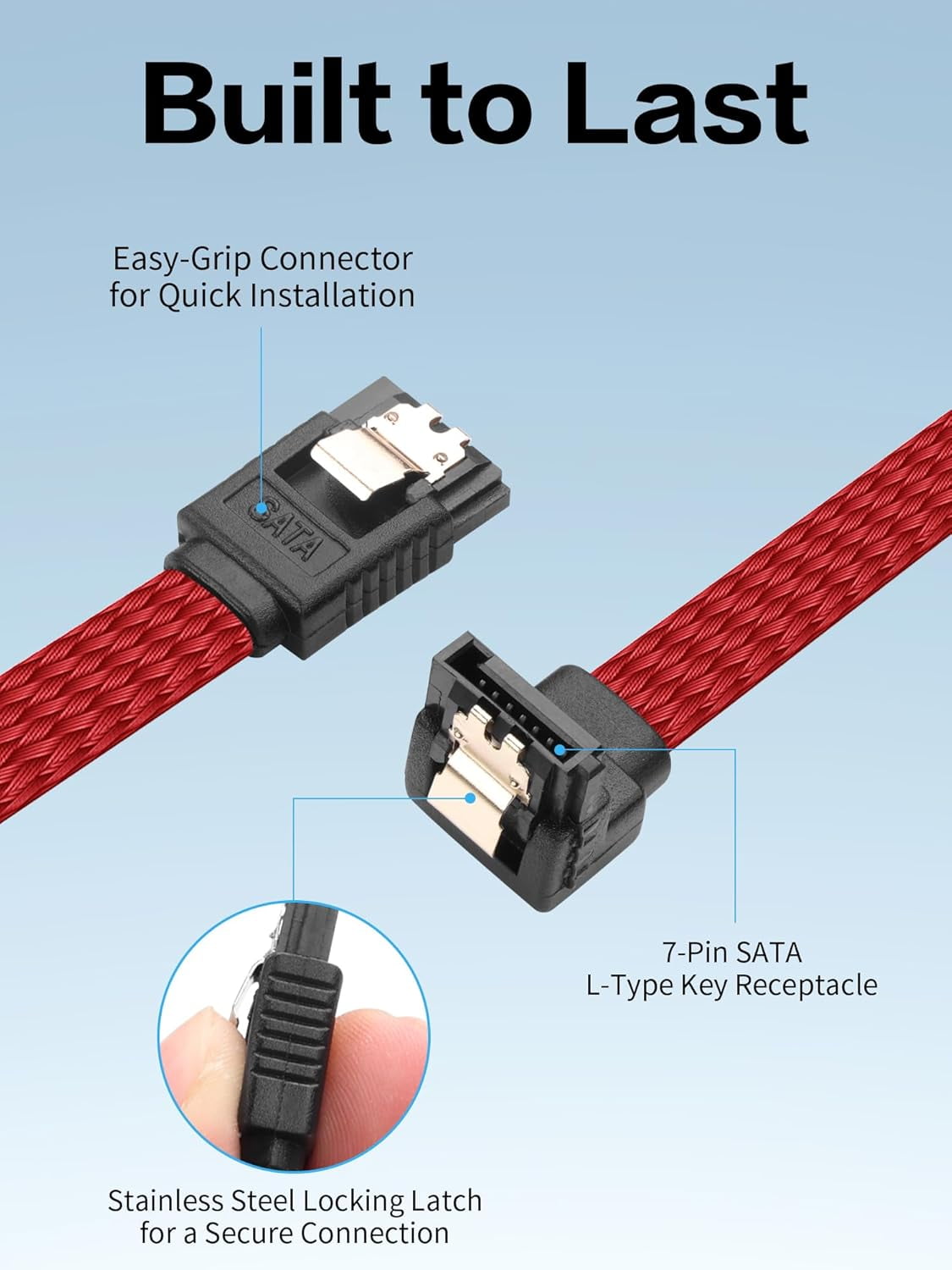 HRTGFD-4 Pack SATA III Cable 20 Inch 6Gbps SATA 3.0 90 Degree Right Angle with Locking Latch for HDD SSD CD Driver CD Writer (Red)