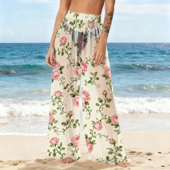 qelini Bohemian Pants Women High Waist Chiffon Swimsuit Cover Up Holiday Beach Print Casual Pants