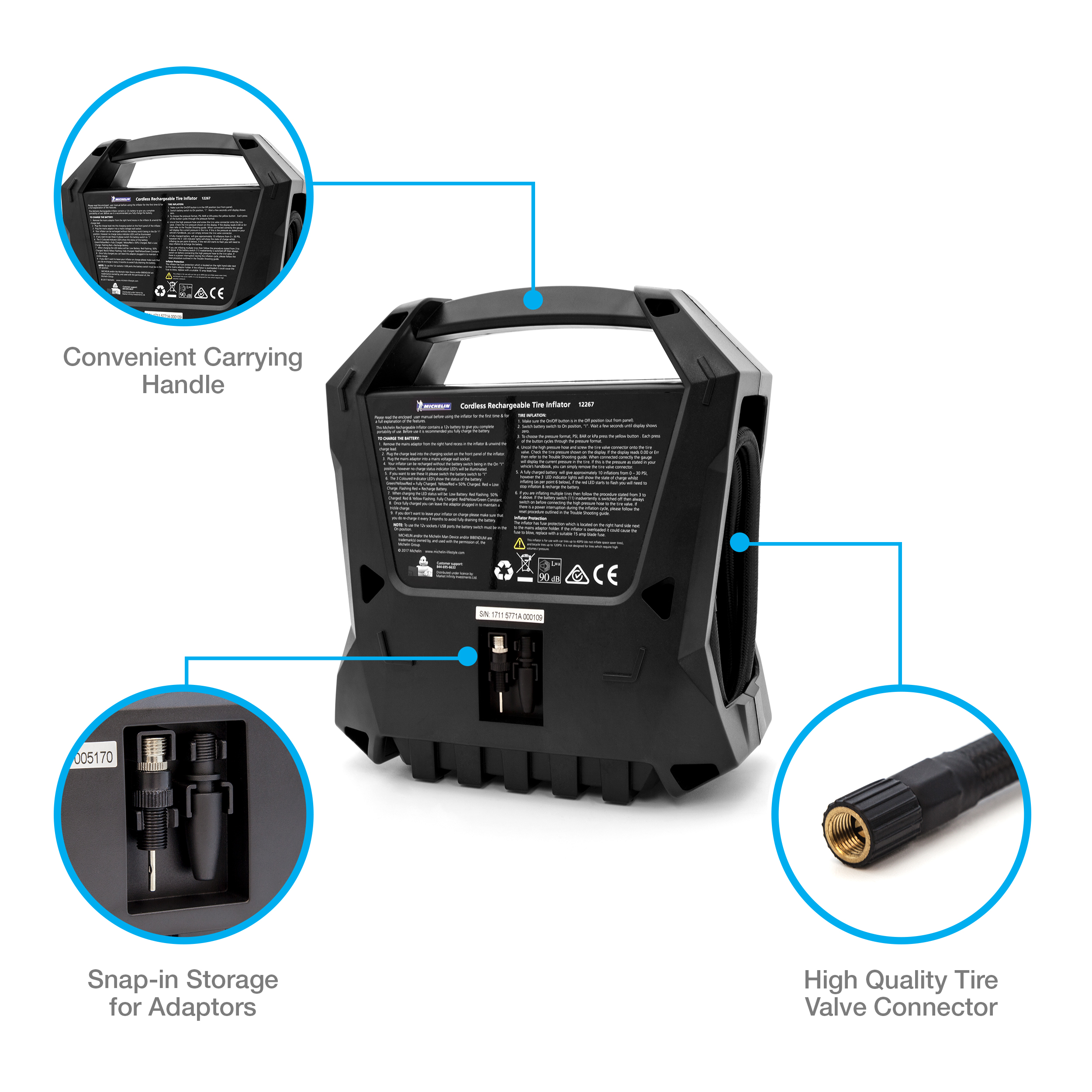 Michelin Cordless Rechargeable Digital Gauge Display Tire Inflator w/ Dual  12V Outlet & Dual USB Charging Ports 