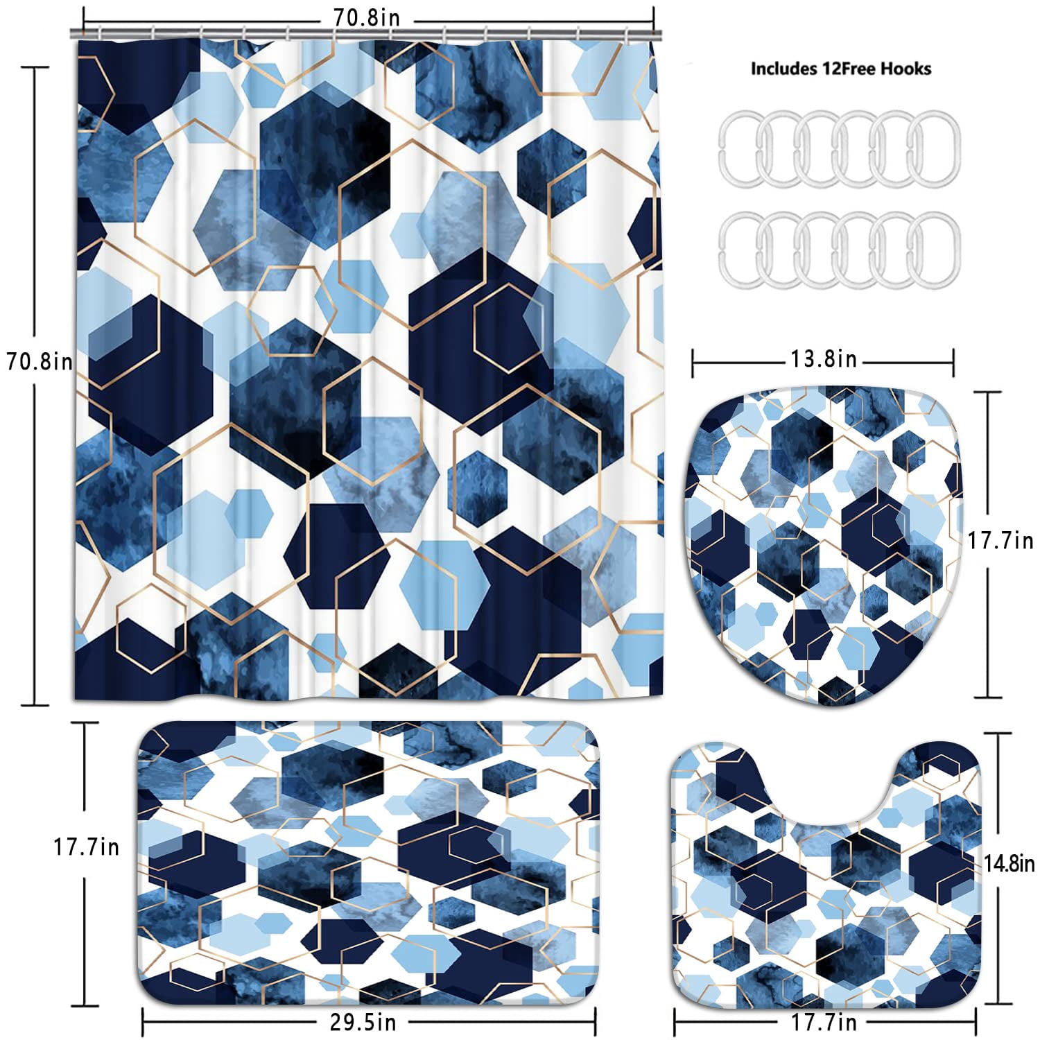 4Pcs Sky Blue Geometric Shower Curtain Set with Navy Blue Abstract Art, 12 Hooks, Bath Mat and Rugs