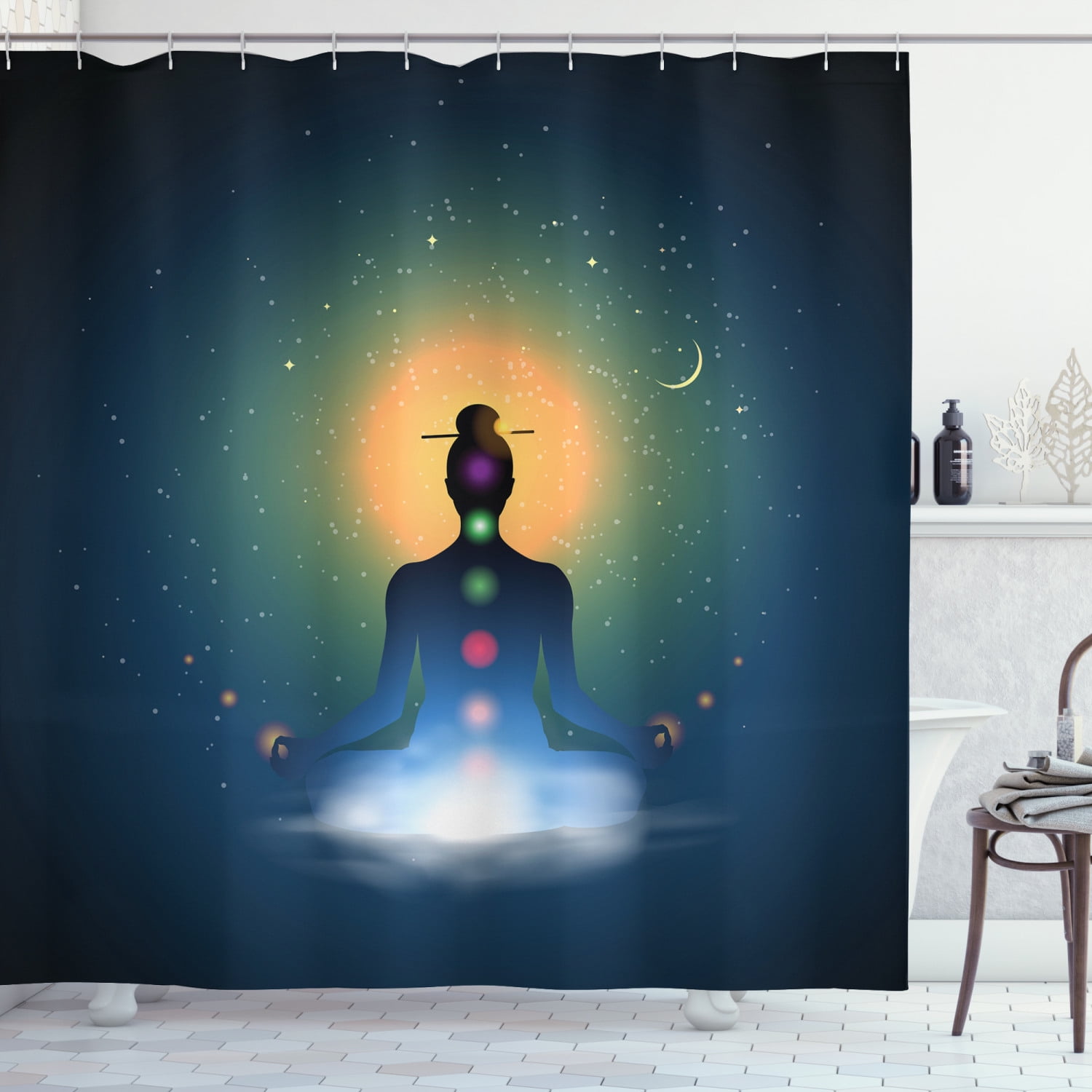 Yoga Shower Curtain, Meditating Silhouette Sitting in Lotus Position