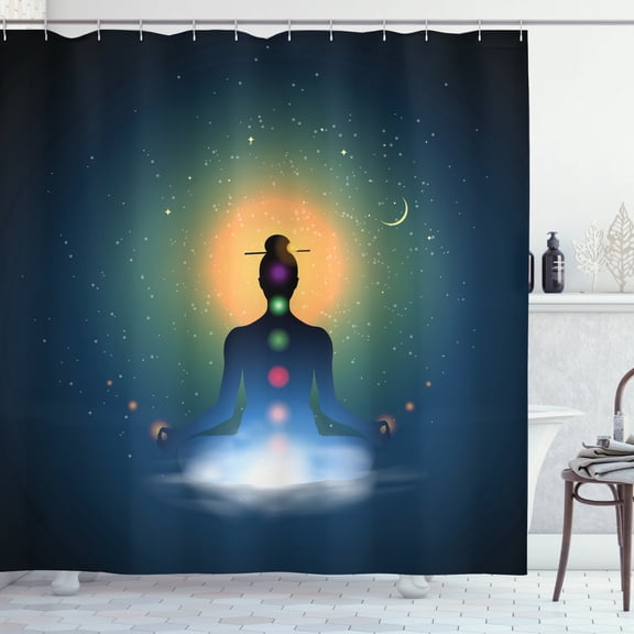 Yoga Shower Curtain, Meditating Silhouette Sitting in Lotus Position Colorful Chakras Trance Mood Happiness, Fabric Bathroom Set with Hooks, 69W X 70L Inches, Multicolor, by Ambesonne
