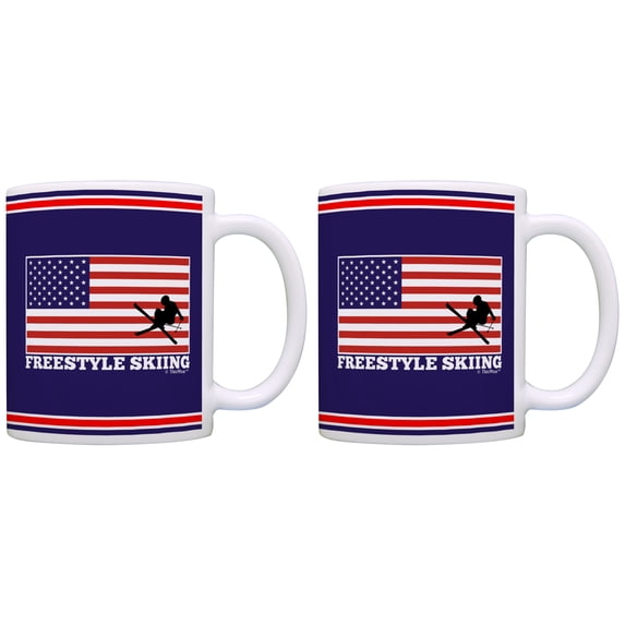 ThisWear American Pride Freestyle Skiing United States Flag 11 ounce 2 Pack Coffee Mugs Blue