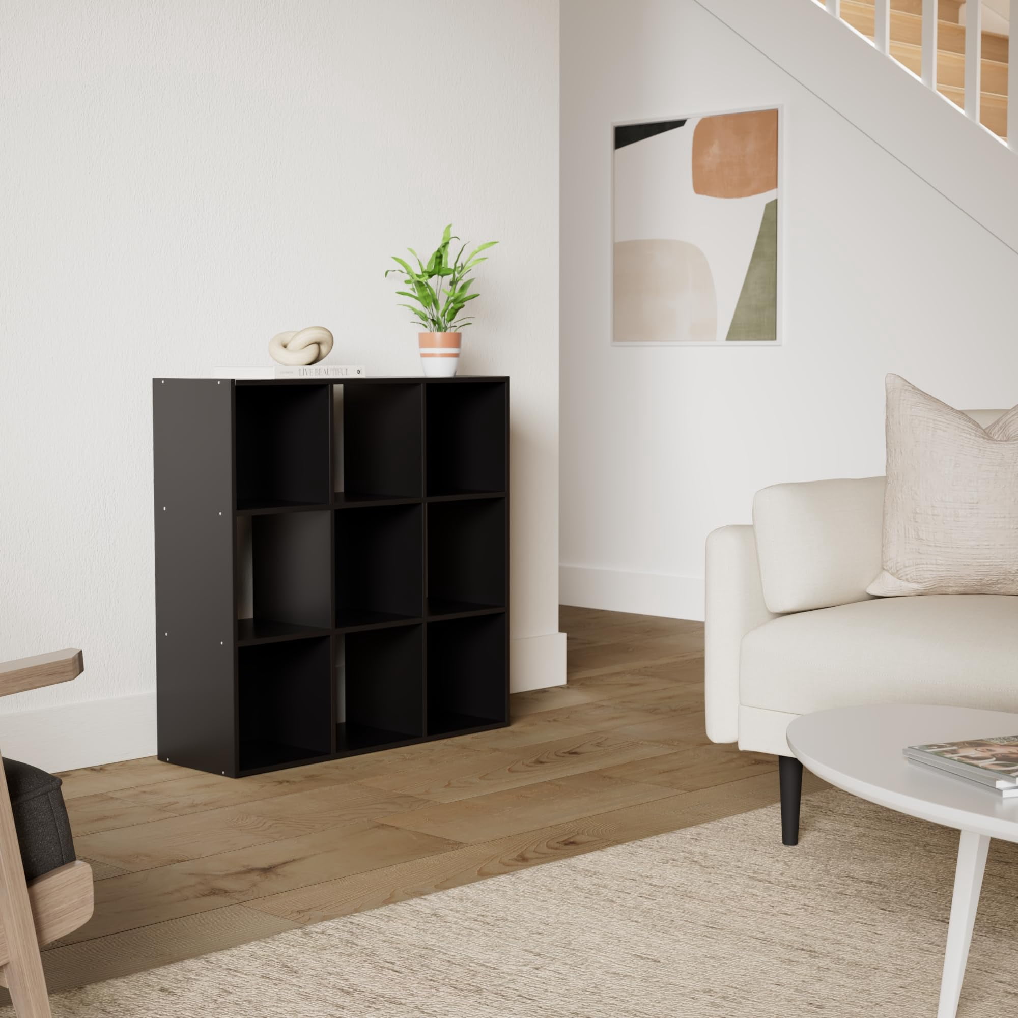 3 Tier 9 Cube Modular Bookshelf, Wood Storage Rack with 5 Detachable Back Panels for Organizing Home Office Living Room Items, Dark Brown