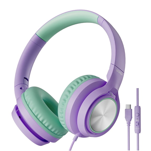Seenda Wired Kids Headphones with Microphone, 90° Rotatable Earpads, and Upgraded Type-C Connection, 85/94dB Safe Volume, On-Ear Headphones for Boys/Girls/School/Tablet, Green/Purple, New