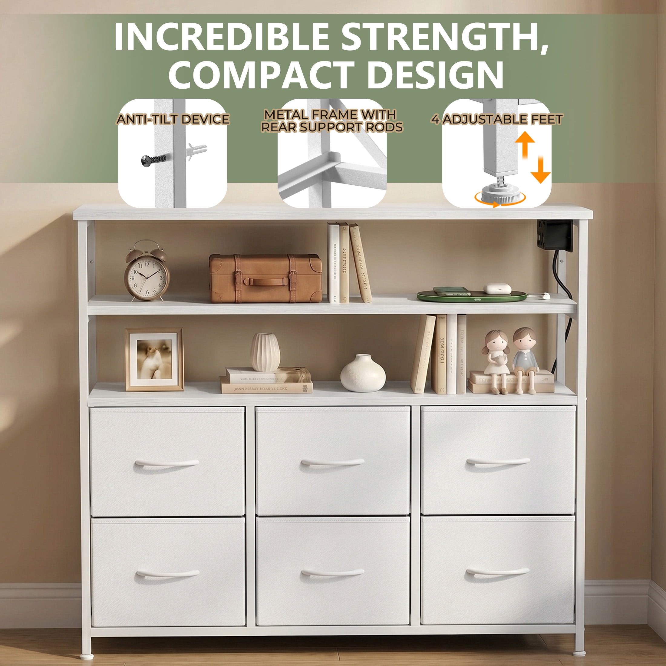 CONCETTA TV Stand for 45 Inch TV, 6-Drawer Dresser with 3-Tier Open Shelves, LED Lights, Charging Station, Wood Top Entertainment Center for Bedroom, Living Room, Hallway, White