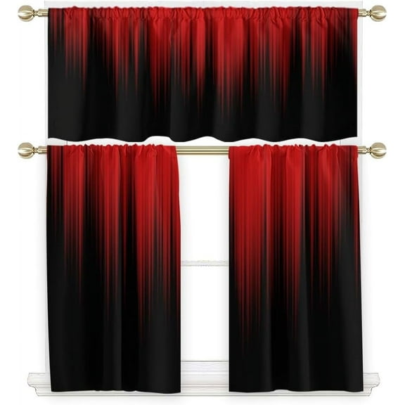 Red and Black Kitchen Curtain Valance and Tiers Set 3 Piece Burgundy Ombre Abstract Gothic Striped Rod Pocket Small Short Living Room Bedroom Bathroom Window Curtains 52x18 inch 26x36 inch*2