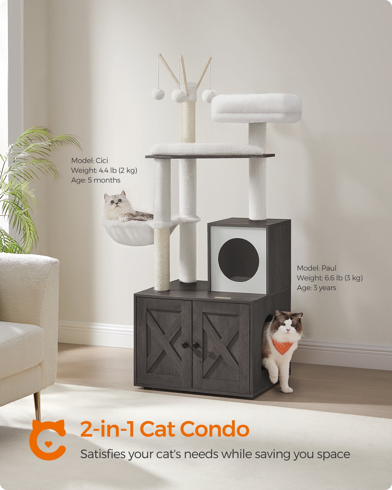 WoodyWonders 2-in-1 Cat Tree with Litter Box Enclosure - Modern Cat Condo with Scratching Posts, Misty Gray