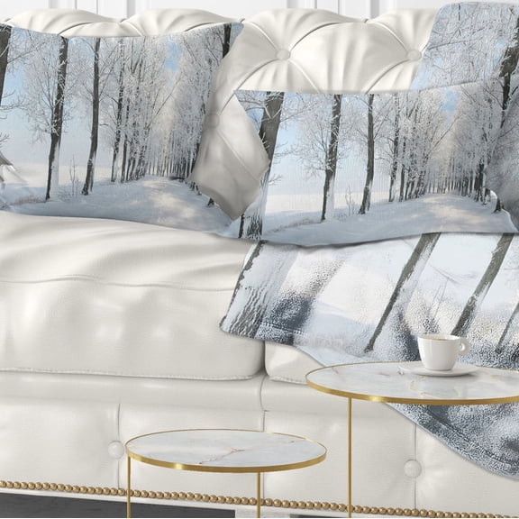 Designart Beautiful Winter Forest Lane Photo - Forest Throw Pillow - 12x20