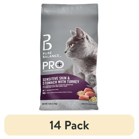 (14 pack) Pure Balance PRO+ Sensitive Skin and Stomach with Turkey Dry Cat Food, 7 lbs