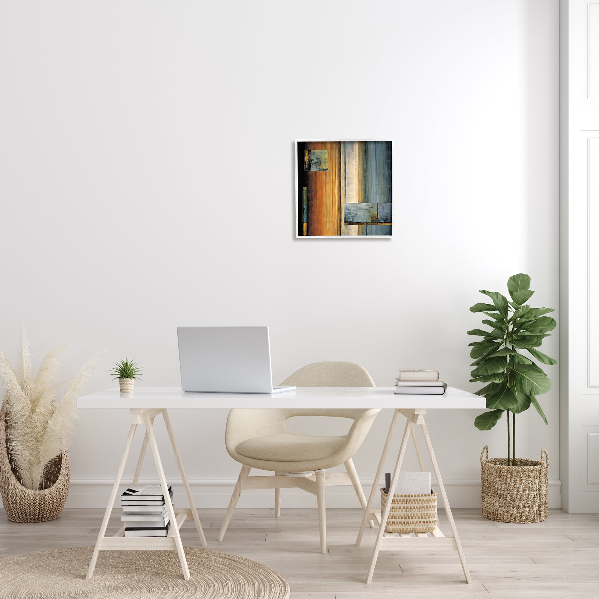 Abstract Layered Rectangular Shapes Orange White Blue Abstract Framed Art Print Wall Art, 17x17