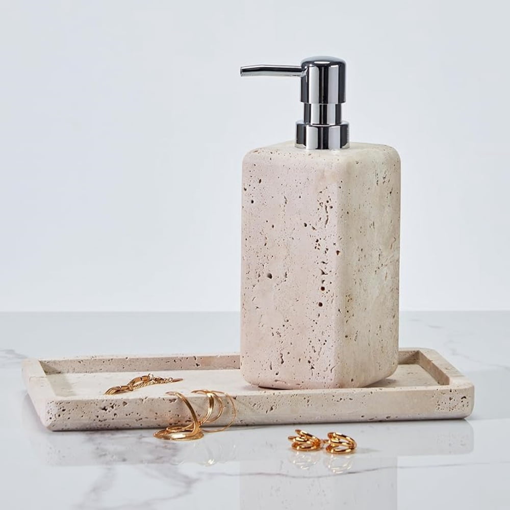 VioraX Indoor Travertine Solid Soap Pump Apricot Bottle 5.29 Oz Free Standing Residential Soap & Lotion Dispensers