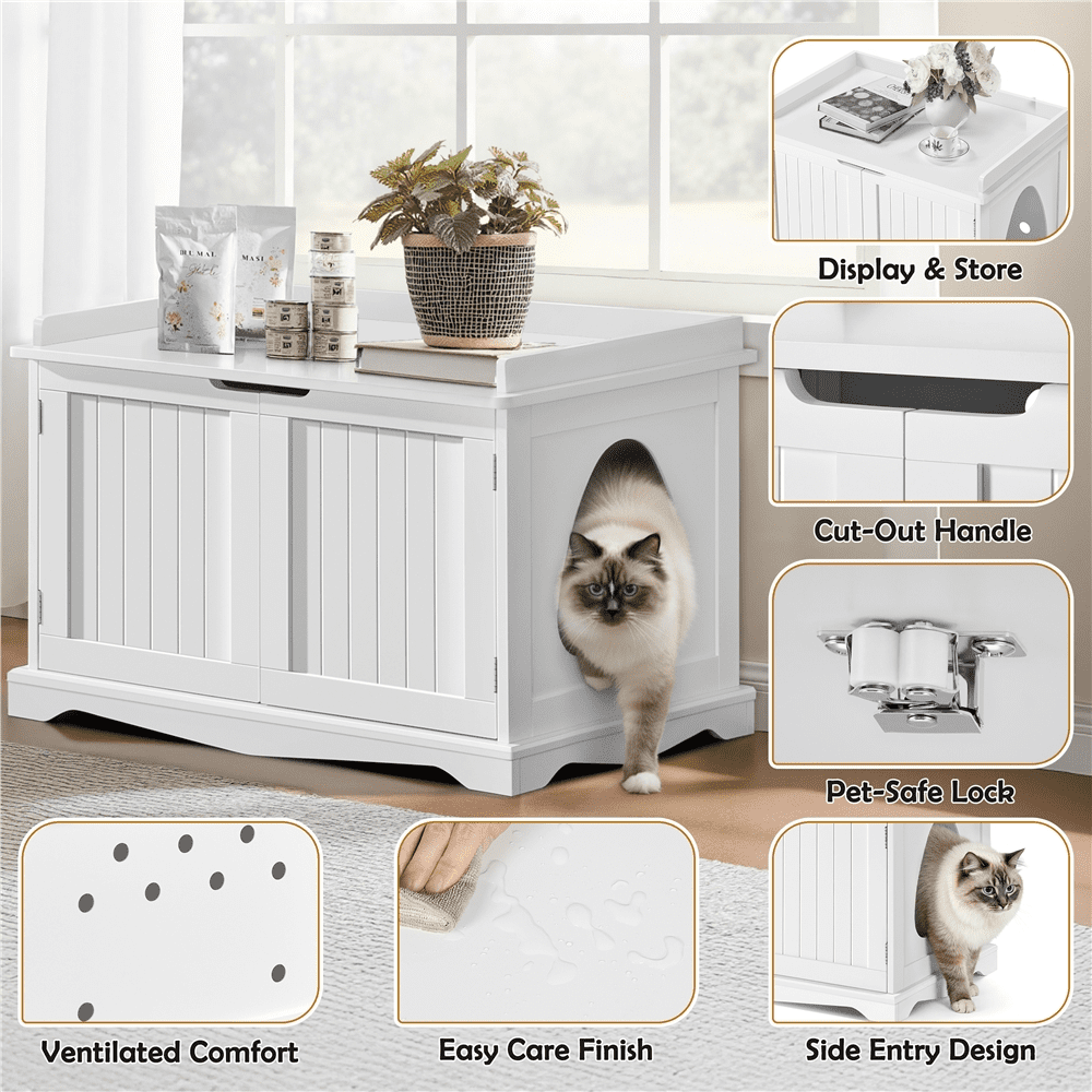Renwick Wooden Cat Litter Box Furniture with Door, White