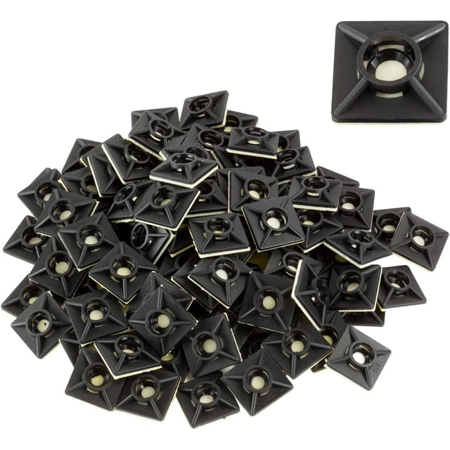 100 Pack Black Zip Tie Mounts, 3/4" Adhesive Mounting Squares, Cable