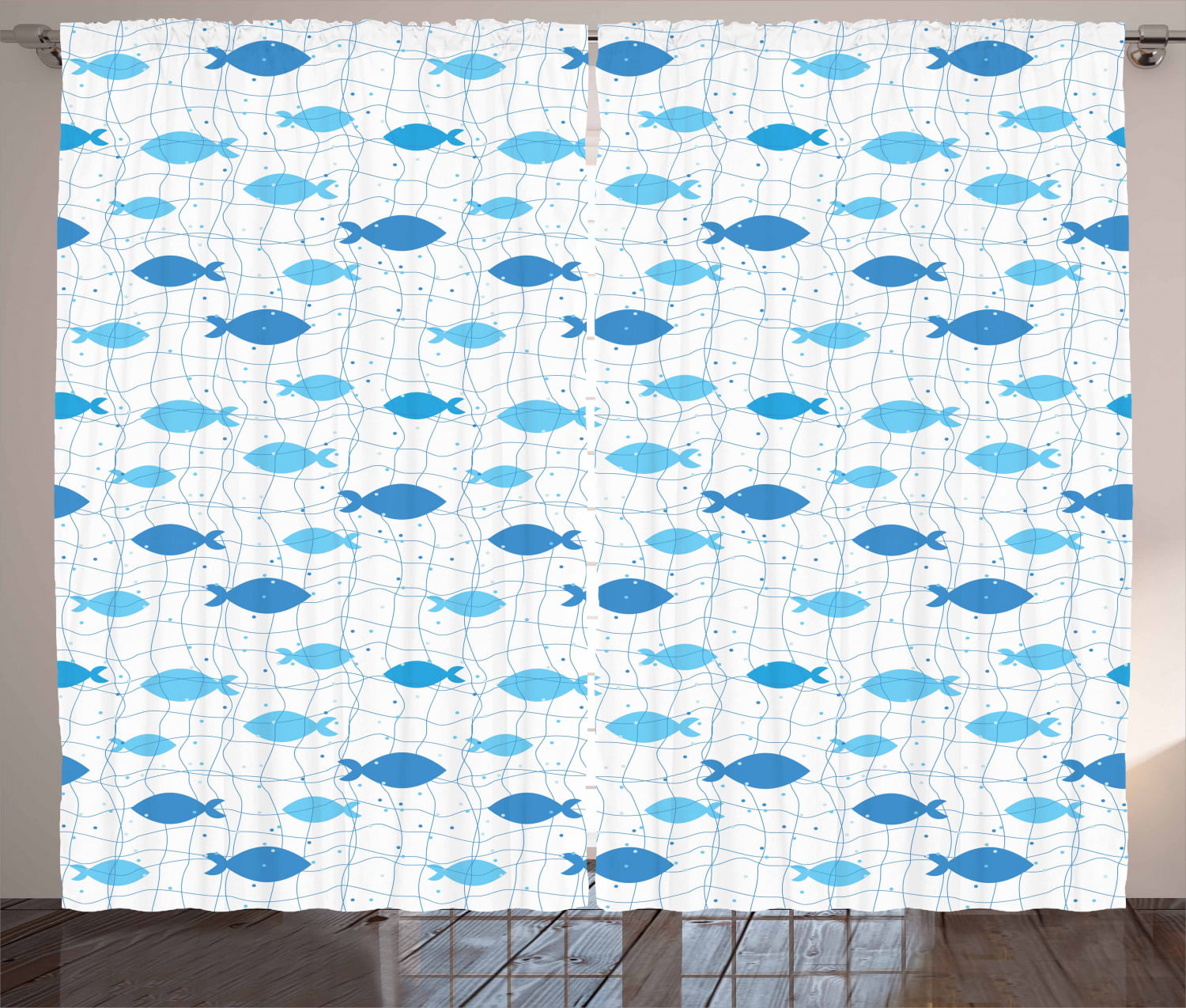 Fish Curtains 2 Panels Set, Fish Net with Polka Dots Abstract Animal  Silhouettes Nature Inspired Image, Window Drapes for Living Room Bedroom,  108W X 108L Inches, Blue Pale Blue White, by Ambesonne -