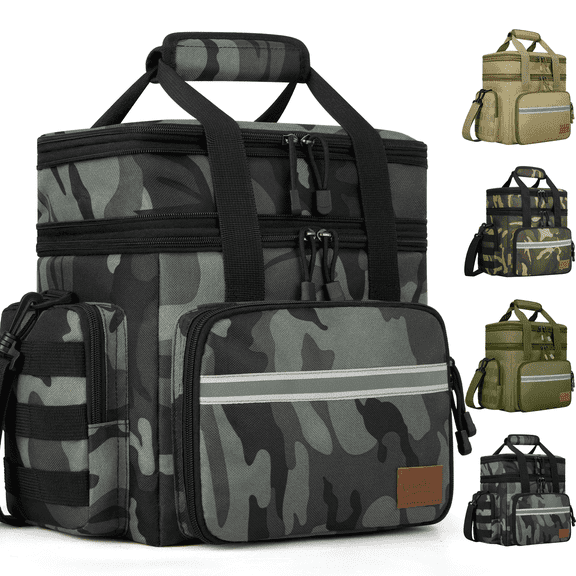 Large Insulated Lunch Bag, 24L Expandable Double Layer Lunch Cooler Box, Lightweight Leak-proof Lunch Tote Bag W/ Side Pocket & Adjustable Shoulder Strap, Suit for Work, Picnic(Gray Camo)