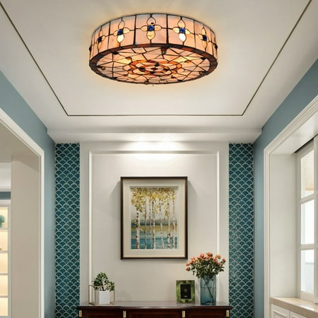 

Vintage Tiffany Style Stained Glass Flush Mount Ceiling Light Lamp Fixture