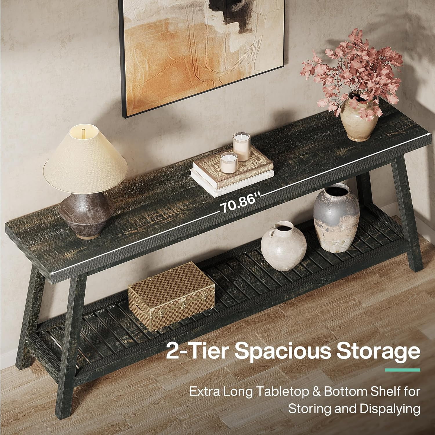 Tribesigns Farmhouse Console Entryway Table, 70.9" Extra Long 2-Tier Narrow Wood Table for Hallway, Living Room, Entrance, Dark Brown