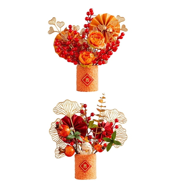 2 juegos de flores artificiales chinas tradicionales en maceta para centro de mesa decorativo Estilo C 24x20x28cm Estilo D24x15x26cm
