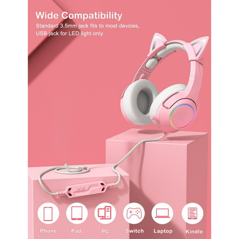 ONIKUMA K9 Gaming Headset for PS4 PS5 Xbox One No Adapter Wired Over Ear Headphones with Detachable Cat Ears Noise Cancelling Microphone RGB Backlight Surround Sound for PC Walmart