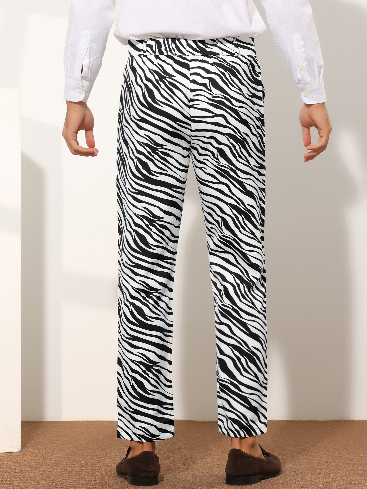 Unique Bargains Men's Animal Printed Dress Pants Regular Fit Pattern Trousers 36 Black White