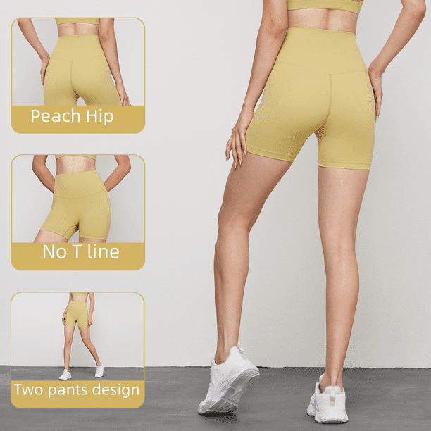 Pantalones de yoga antibacterianos desnudos con entrepierna para mujer, pantalones deportivos de cintura alta ajustados de dos puntos, pantalones ajustados de cadera color melocotón
