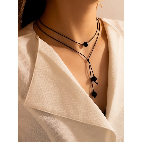 Black Beaded Layered Y-Lariat Choker Necklace