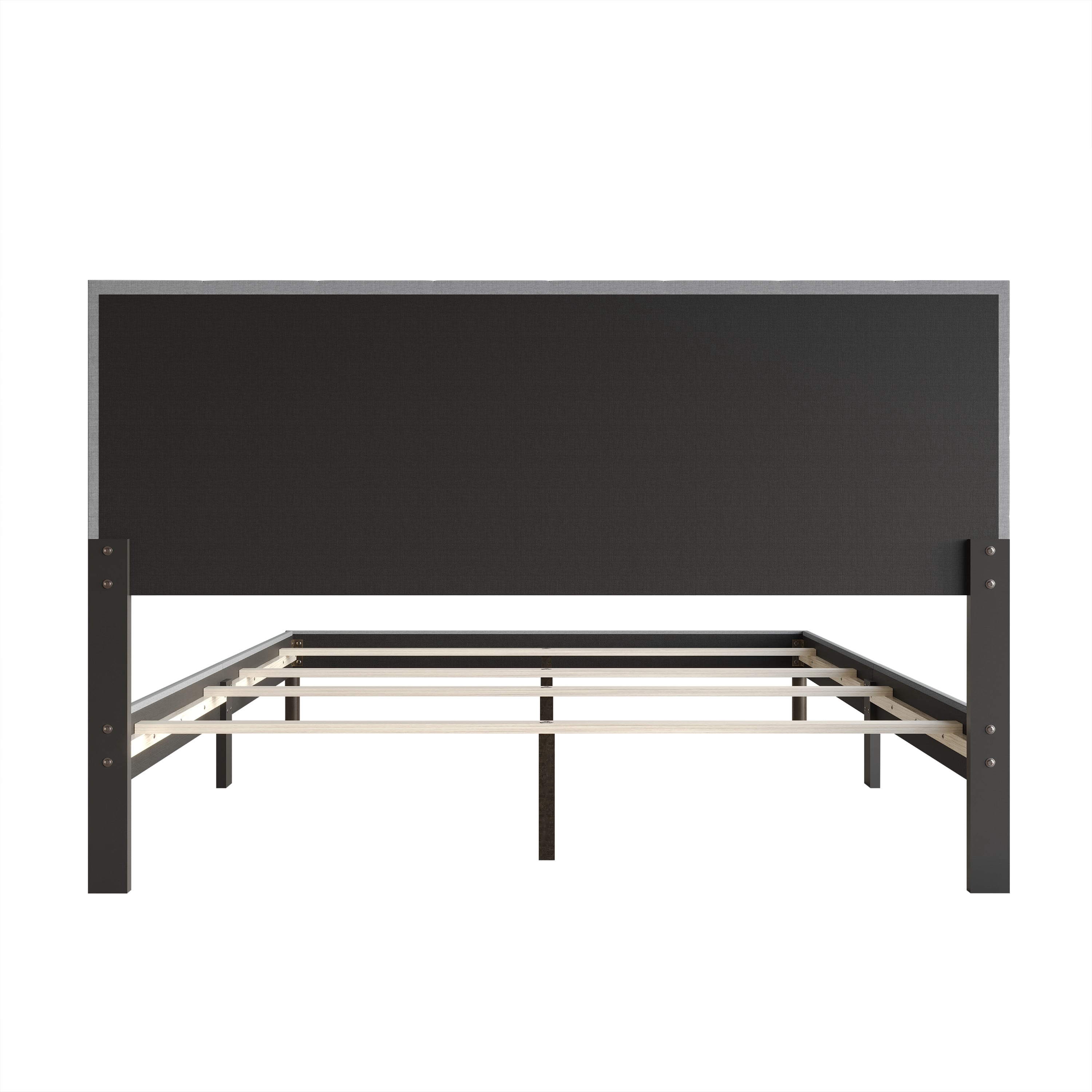 Home Design Haines King Linen Upholstered Panel Bed Frame with Rectangular Tufted Headboard & Sturdy Wooden Legs, Gray, Easy Assembly