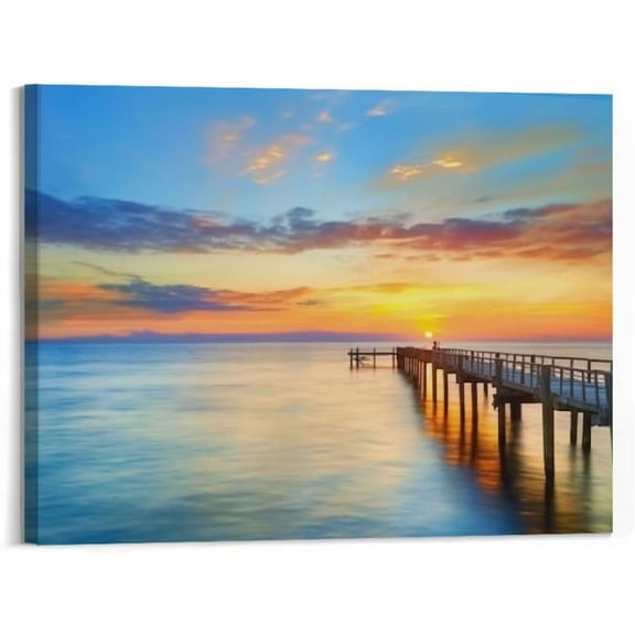 BCIIG Seascape Canvas Wall Art: Ocean Sunset Landscape Print Picture Beach Sea Pier Painting Coastal Scene Dock Artwork for Bathroom Bedroom Living Room Decor 20 x 16 Inch