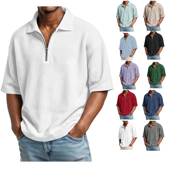 Mens Quarter Zip Polo Shirts Casual Short Sleeve Waffle Pullover Sweater Top Summer Light Outdoor Golf Sport Shirt
