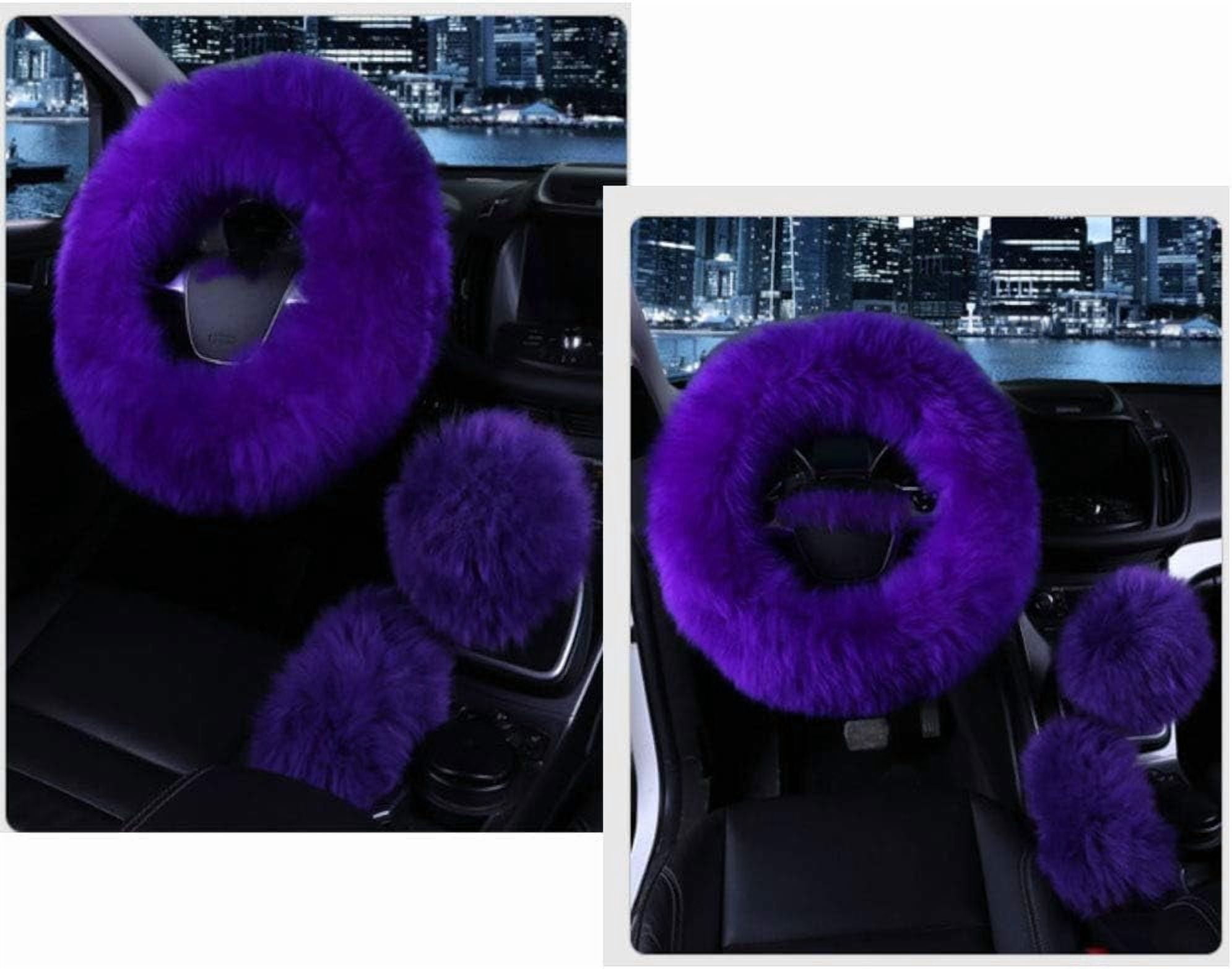 1 Set 3 Pcs Car Steering Wheel Cover Handbrake Cover and Gear Shift Cover Set Faux Wool Warm Winter, Violet