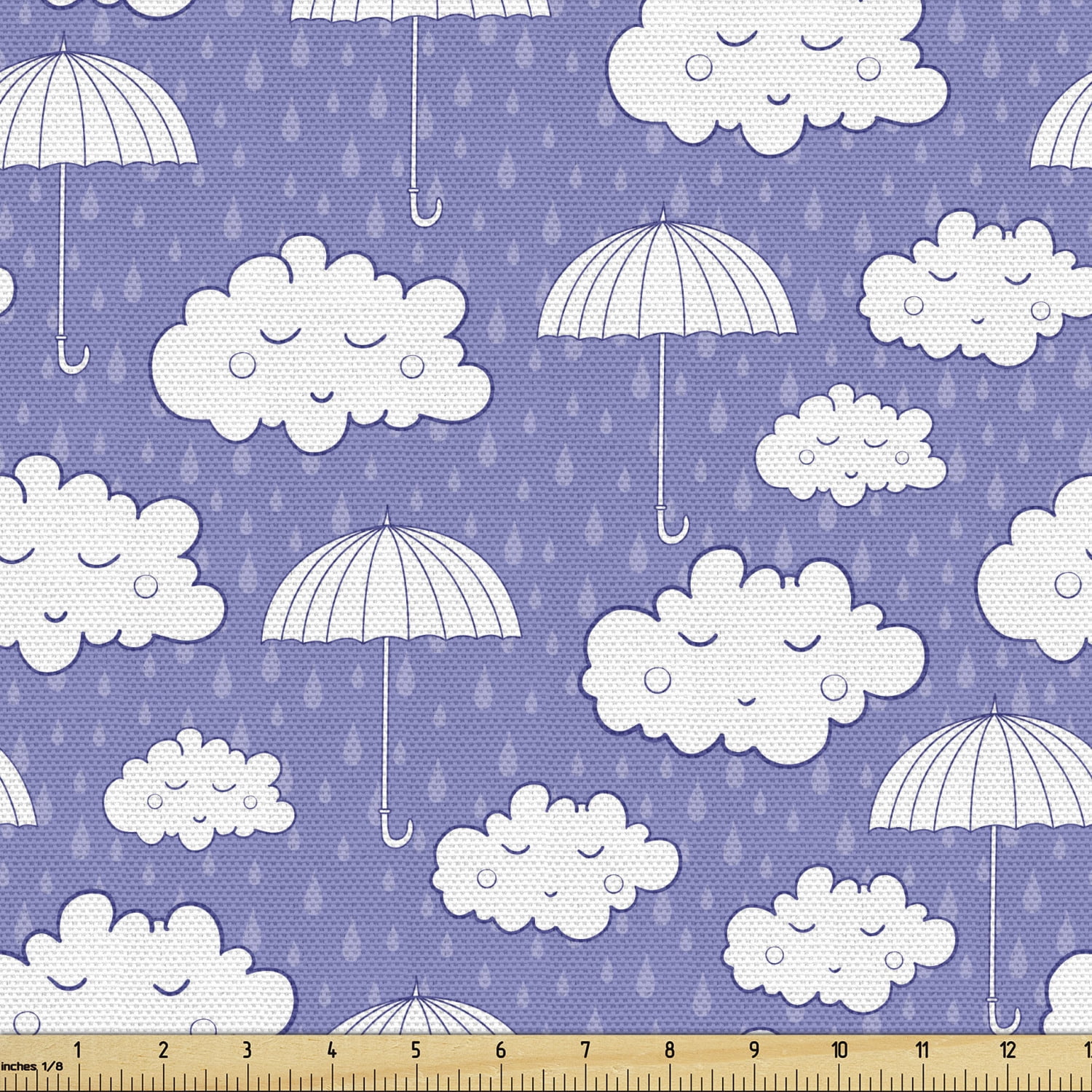 Rain Fabric by the Yard, Sleeping Clouds and Umbrellas in a Rainy Day