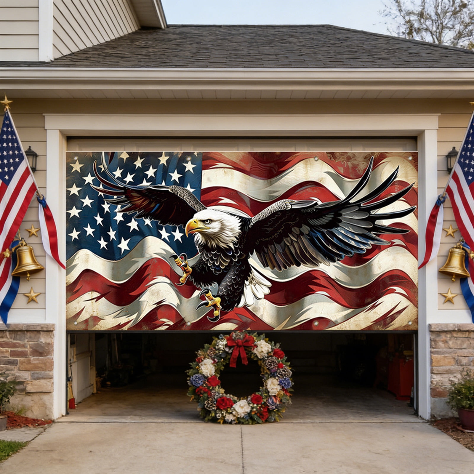 157.4X72.8 In 250Th Usa Anniversary Patriotic Garage Door Cover Bird Flag 4Th Of July Decor