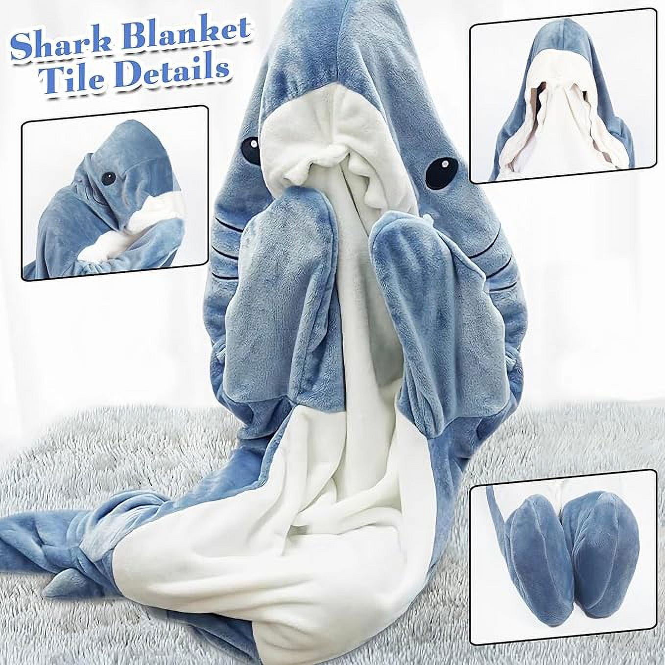 XXXL Size Flannel Shark Blanket Hoodie, Soft Cozy Warm Wearable Shark Blanket, Funny Shark Onesie Sleeping Bag Blanket，Wearable shark blanket hoodie cartoon animal one-piece blanket(Blue）