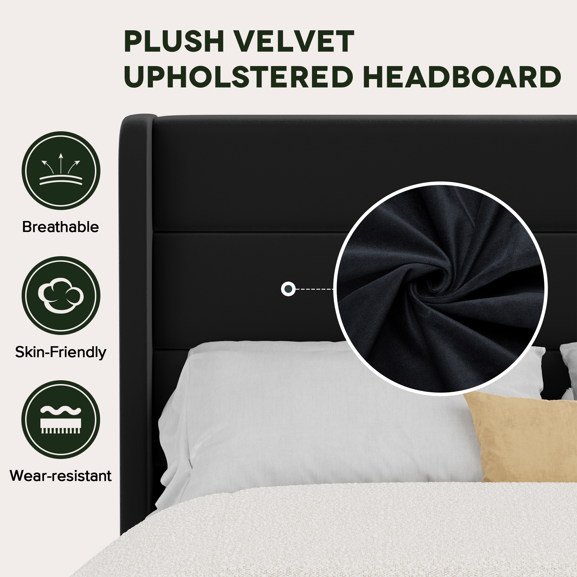 Einfach King Size Luxury Velvet Upholstered Platform Bed Frame with Wingback Headboard, Black