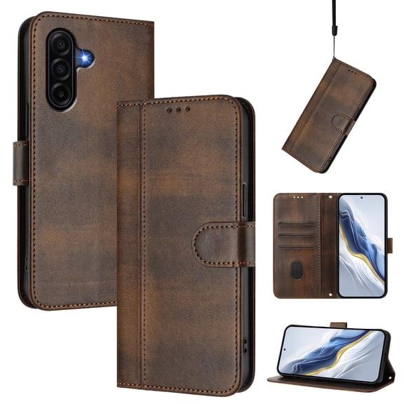 For Samsung Galaxy A26 5G Wallet Flip Magnetic PU Leather Credit Card Holders Shockproof Full body Case [RFID Blocking Function][Folio Kickstand Feature][Wrist Strap] Phone Cover,Brown