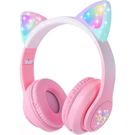 Leyeet Cat Ear Kids Bluetooth Headphones for Girls Children Teens, LED Light Up Wireless/Wired Mode Foldable Stereo Girls Headphones with Built-in Mic for School Birthday Xmas Gift (Pink)