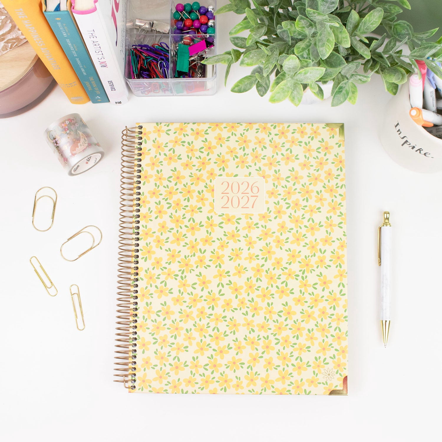 bloom daily planners 2026-2027 Academic Planner, 13-Month Monthly & Weekly Hard Cover, 8.5" x 11", Butter Yellow Daisies