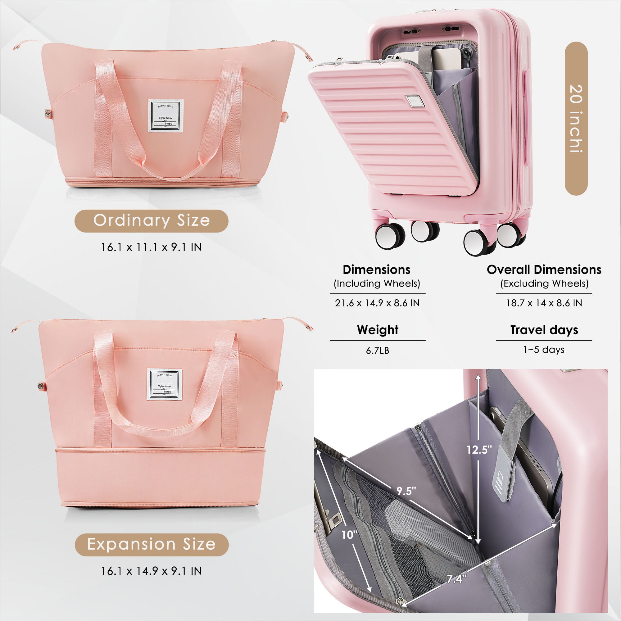 LoLado Front Opening 20in Carry-on Luggage with Expandable Travel Bag Set, ABS Hard Shell Two-piece Travel Suitcase Set with USB Port, Cup Holder, Pink