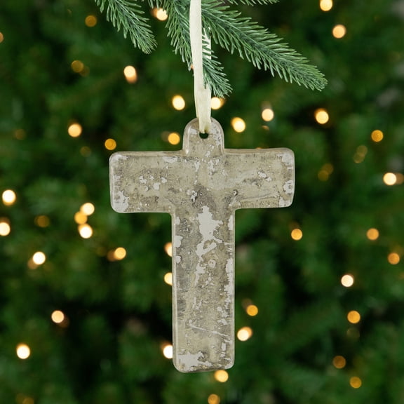 CC Christmas Decor Speckled Cross Glass Christmas Ornament - 4" - Gray