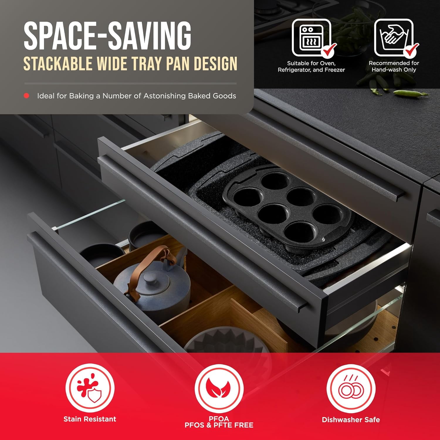Bakken- Swiss Kitchen Baking Pan Set - Nonstick Gray Coating, Commercial Grade Carbon Steel, Baking Kitchen Essentials, Oven Safe Tray (Up To 450° F), Set of 6