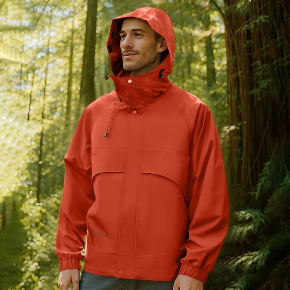 PiGOGI Men's Solid Color Windproof Waterproof Jacket Zipper Pocket Drawstring Hooded Outdoor Coat for Heavy Rain Orange XL