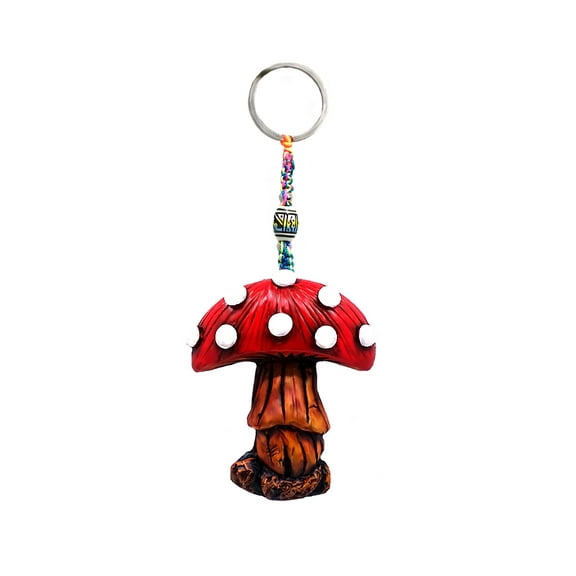 Mushroom Toadstool 3D Figurine Keychain Multicolored Macramé Metal Ring - Handmade Gifts Boho Car Keys Bag Accessories