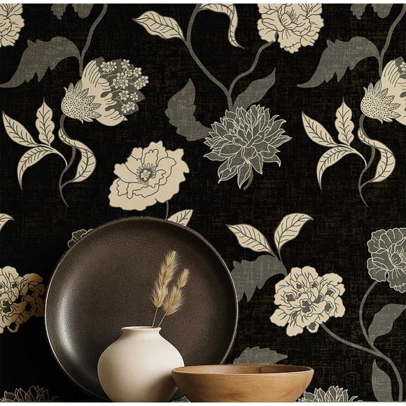 S4Sassy Peel And Stick Wall Covering, Floral Removable Wallwrap - Black Instant Wall Makeover Mural For Bathroom, Laundry Room, Closet Interior - Self-Adhesive Wallpaper Vinyl -25"X 360"