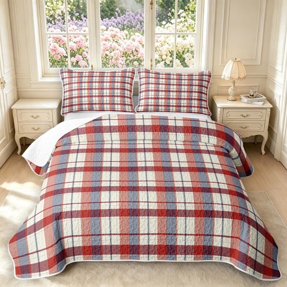 Manfei Vintage Grid Twin Quilt Set,Modern Check Twin Coverlet Set,Red White Blue,2pcs,1 Bedspread and 1 Pillowcase