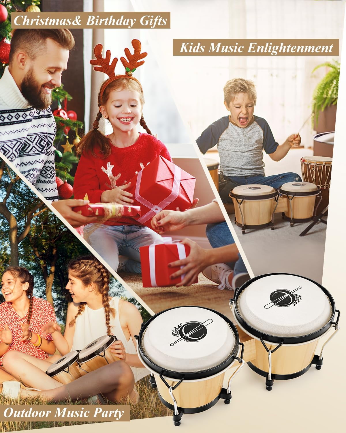 Eastar Bongo Drums 6” and 7” Wood Percussion Instrument Bongos for Kids Adults Beginners Natural Finish, EBO-1