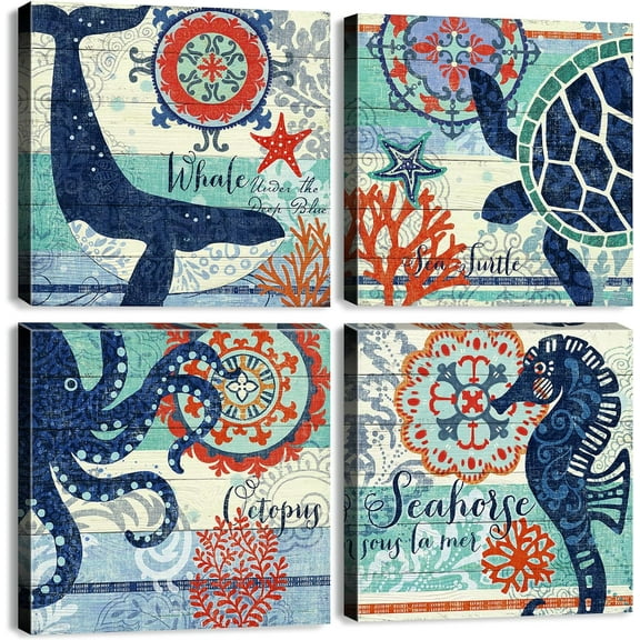 Coastal Wall Decor Navy Blue Beach Wall Art for Bedroom Canvas Prints Ocean Whale Poster Artwork Sea Life Aesthetic Painting 4Pcs/Sets Turtle Octopus Pictures Office Bathroom Home Decoration 14 x 14"