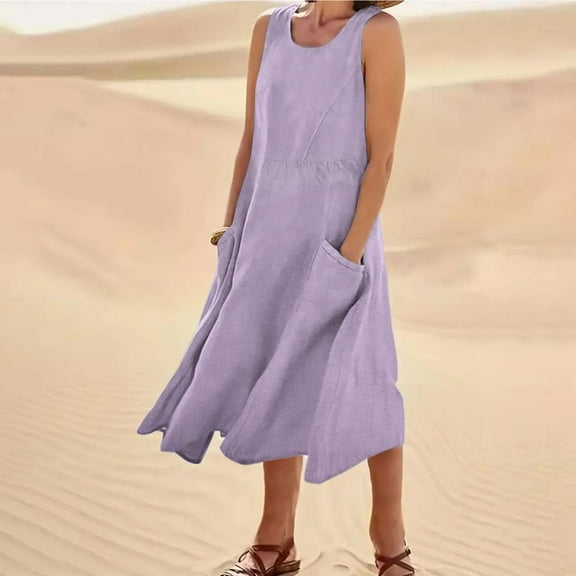 Midi Dresses for Women Sleeveless V Neck Dress Summer Casual Loose Fit Long Dresses with Pockets Comfy Lounge Tank Vest Dress Beach Holiday Plus Size Elegant Sundress Purple S