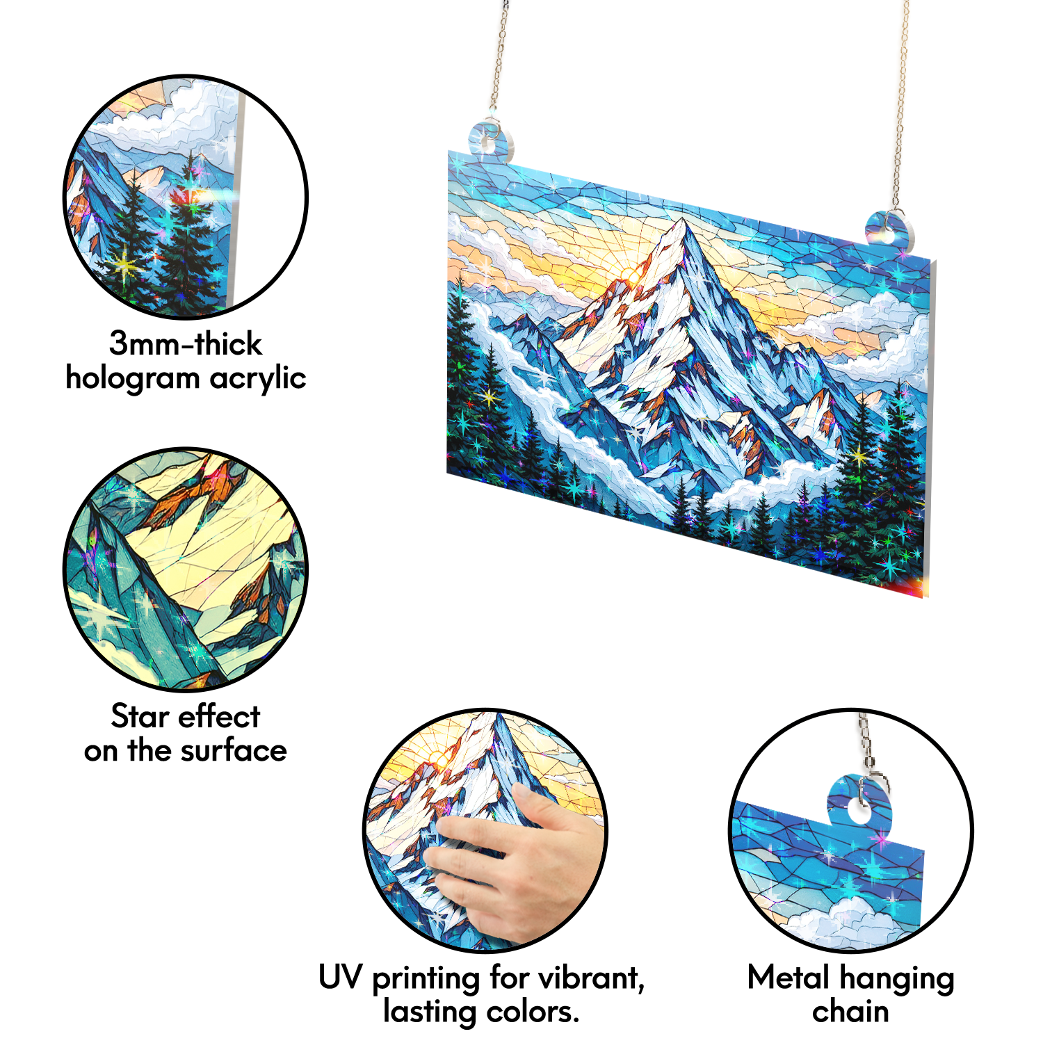 89Bloom Majestic Snowy Mountain Stained Glass Hologram Ornament, Stained Glass Suncatcher Ornaments Home Decor, Holographic Ornaments