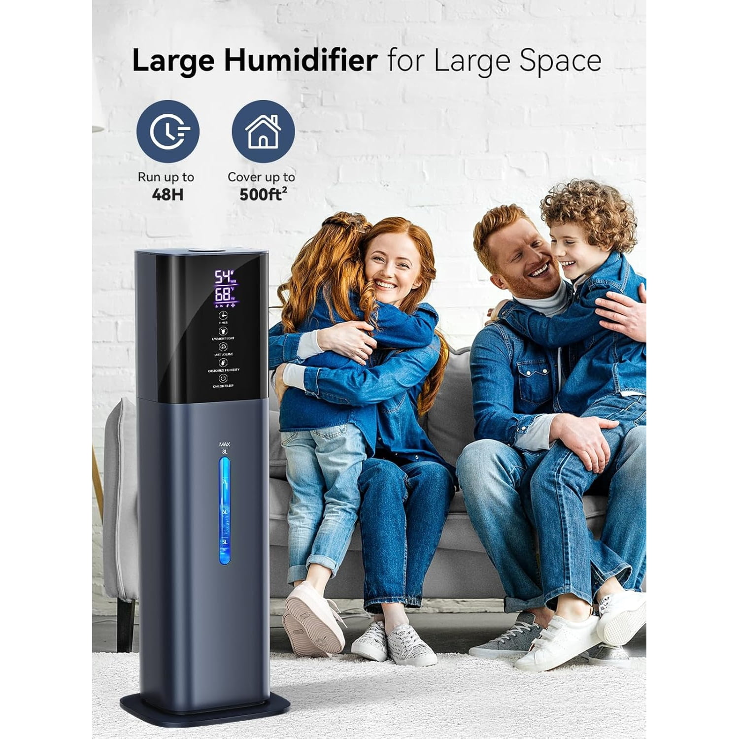 Humidifiers for Bedroom, 2.11Gal 8L Quiet Humidifiers for Large Room with Timer, 360°Nozzle, 3 Speed Ultrasonic Cool Mist Humidifier with Humidistat for Baby, Customize humidity for Home Adults Plant
